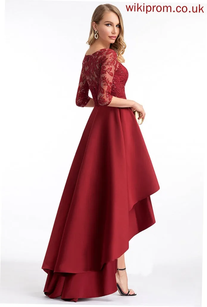 Sleeves Sarahi 1/2 Neck Satin Club Dresses Sequins Asymmetrical Satin Lace A-line Dresses Round