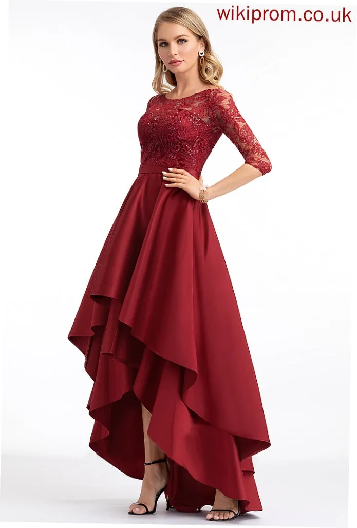 Sleeves Sarahi 1/2 Neck Satin Club Dresses Sequins Asymmetrical Satin Lace A-line Dresses Round