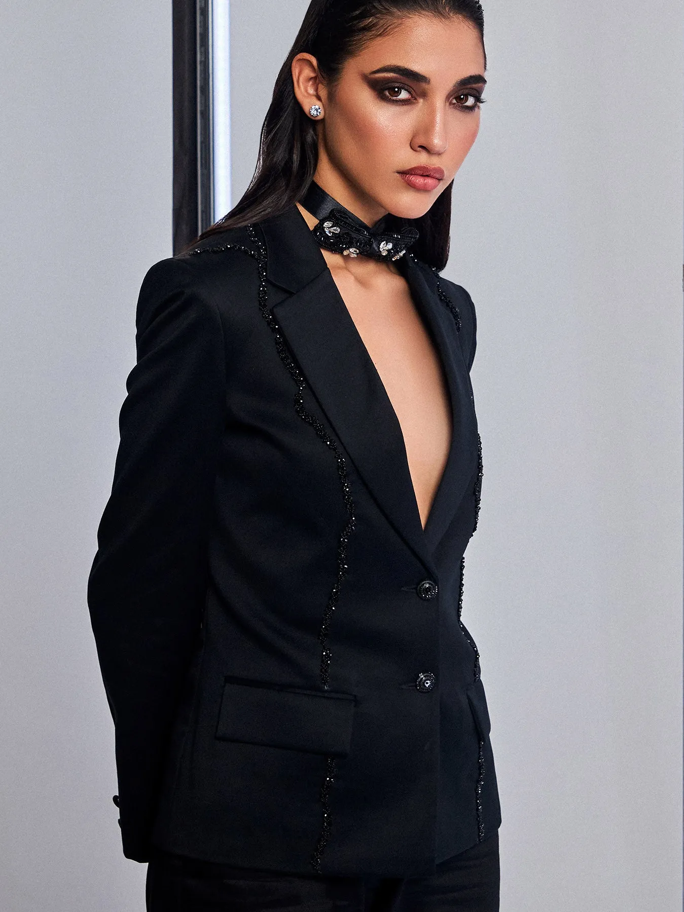 Solid Black Embroidered Blazer