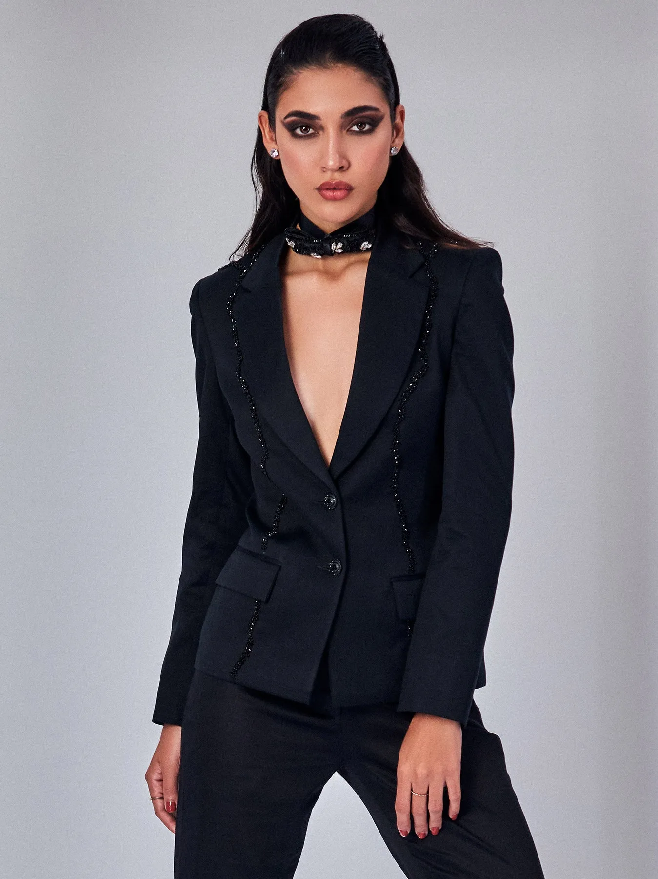 Solid Black Embroidered Blazer