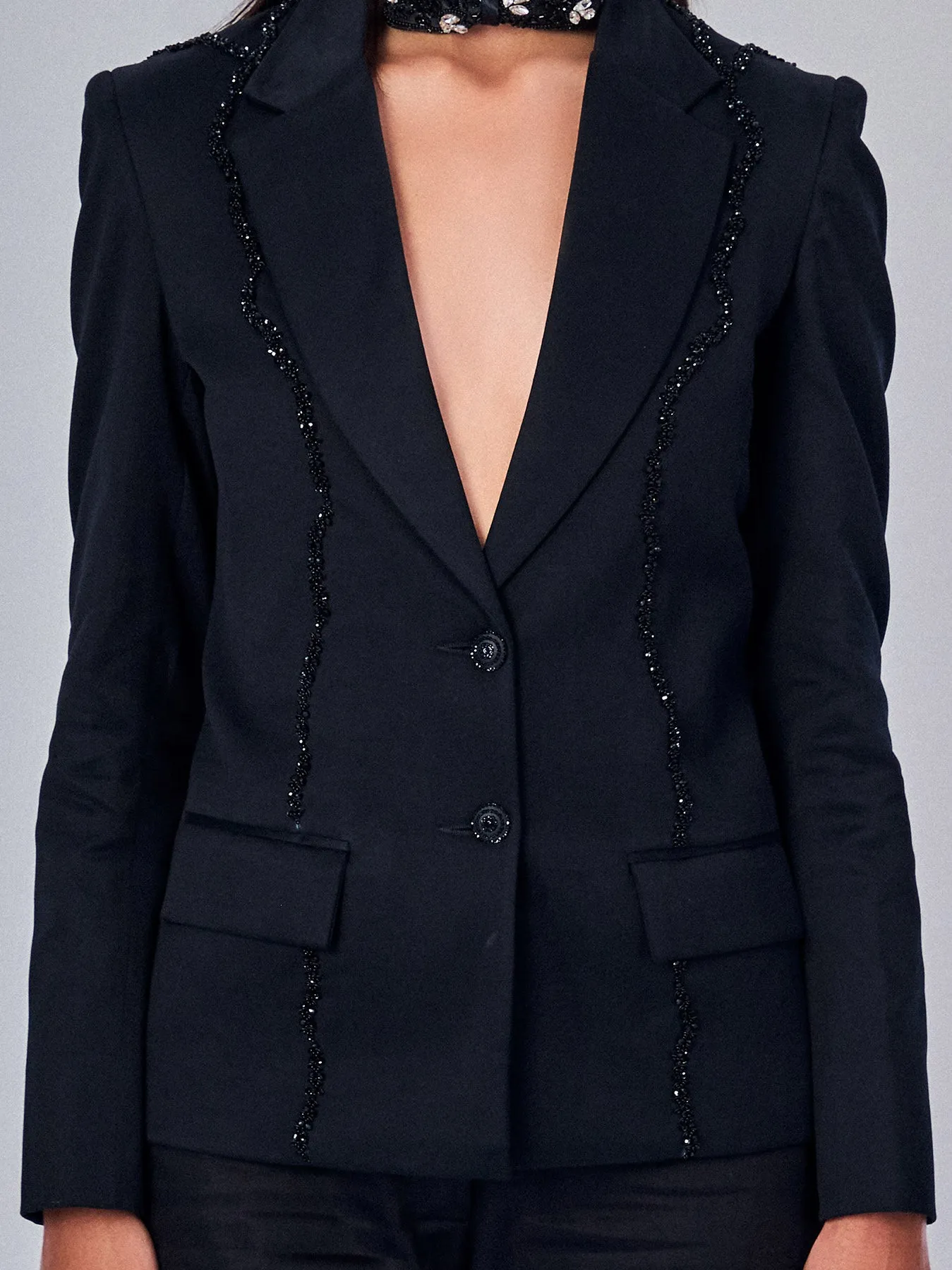 Solid Black Embroidered Blazer