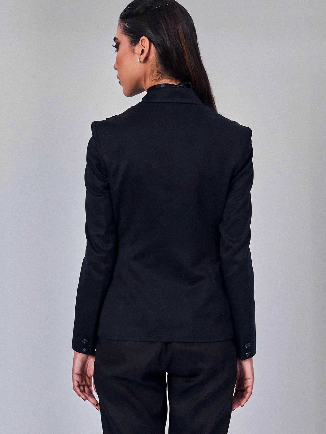 Solid Black Embroidered Blazer
