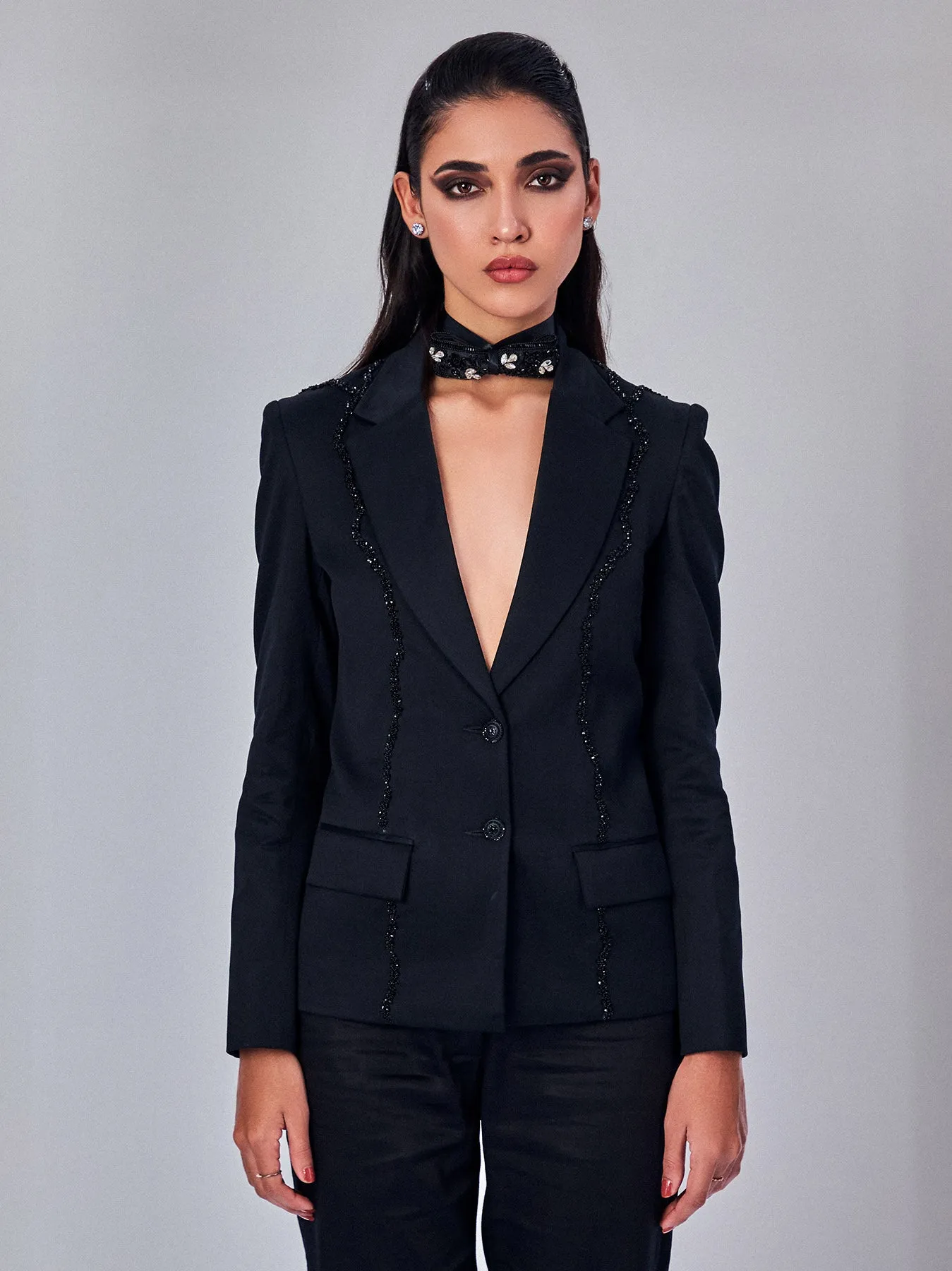 Solid Black Embroidered Blazer