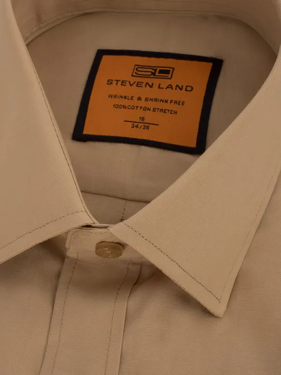 Steven Land Men's Solid Khaki Tan Spread Collar Wrinkle Free Cotton Dress Shirt