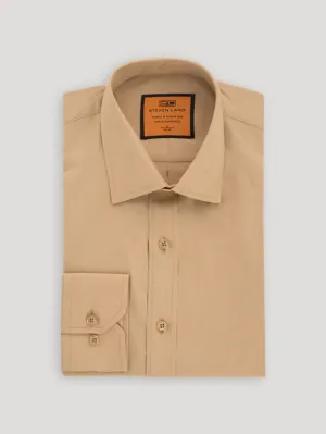 Steven Land Men's Solid Khaki Tan Spread Collar Wrinkle Free Cotton Dress Shirt