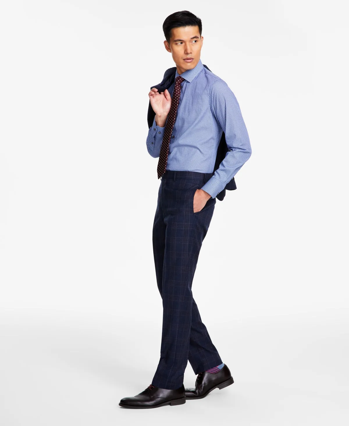 Tallia Mens Slim Fit Stretch Plaid Suit Dress Pants Navy Blue Brown 30 x 32