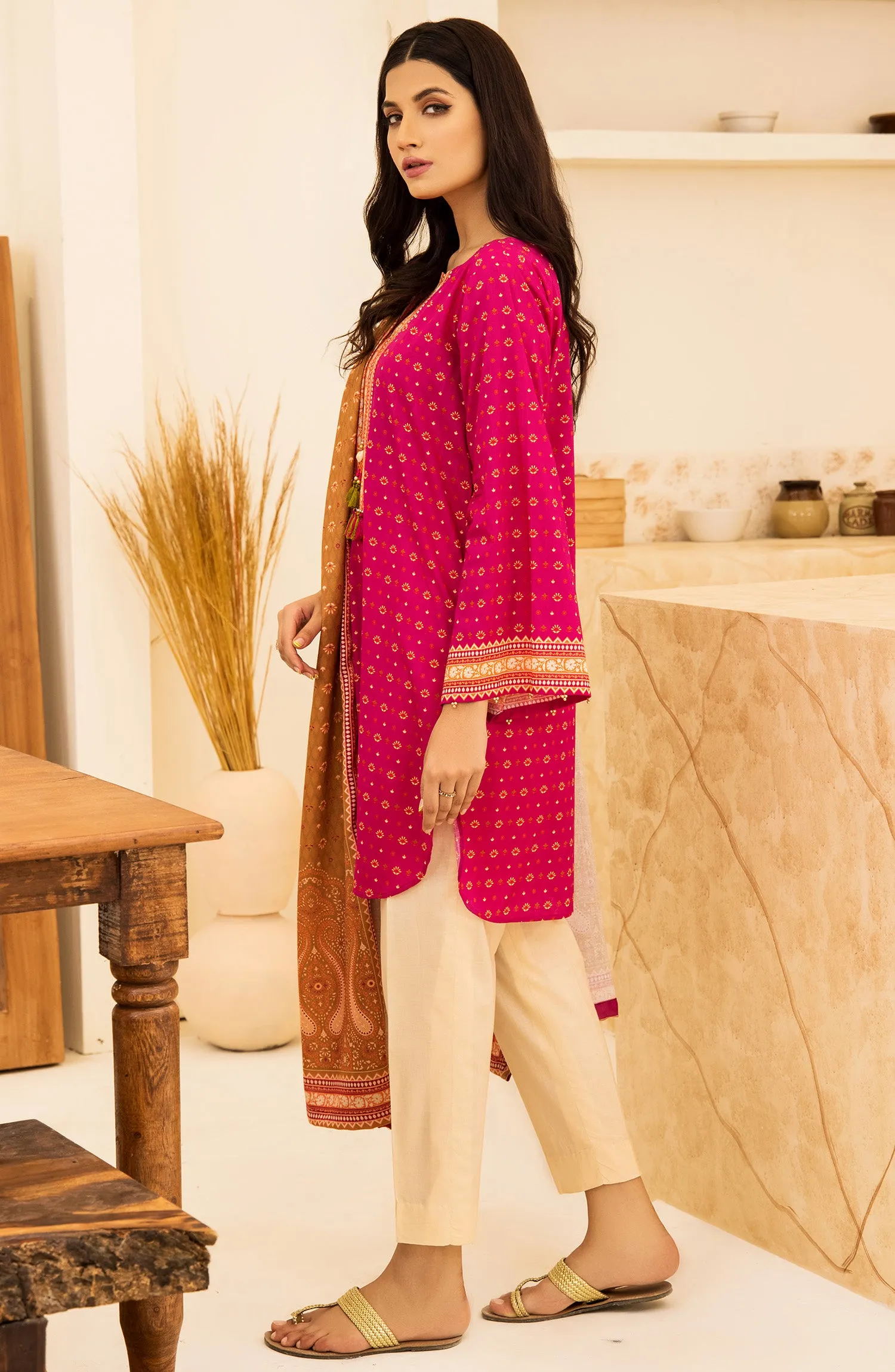 Unstitched 2 Piece Printed Khaddar Shirt and Acrylic Shawl Dupatta (NRDS-349/U PINK)
