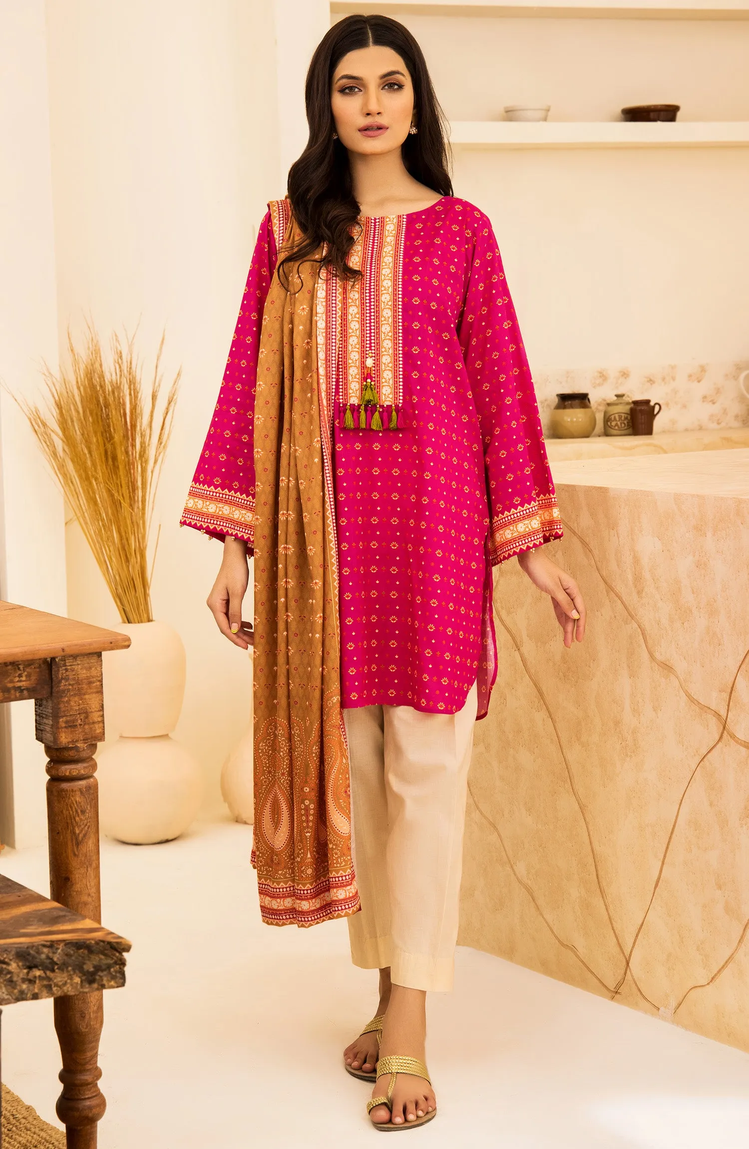 Unstitched 2 Piece Printed Khaddar Shirt and Acrylic Shawl Dupatta (NRDS-349/U PINK)