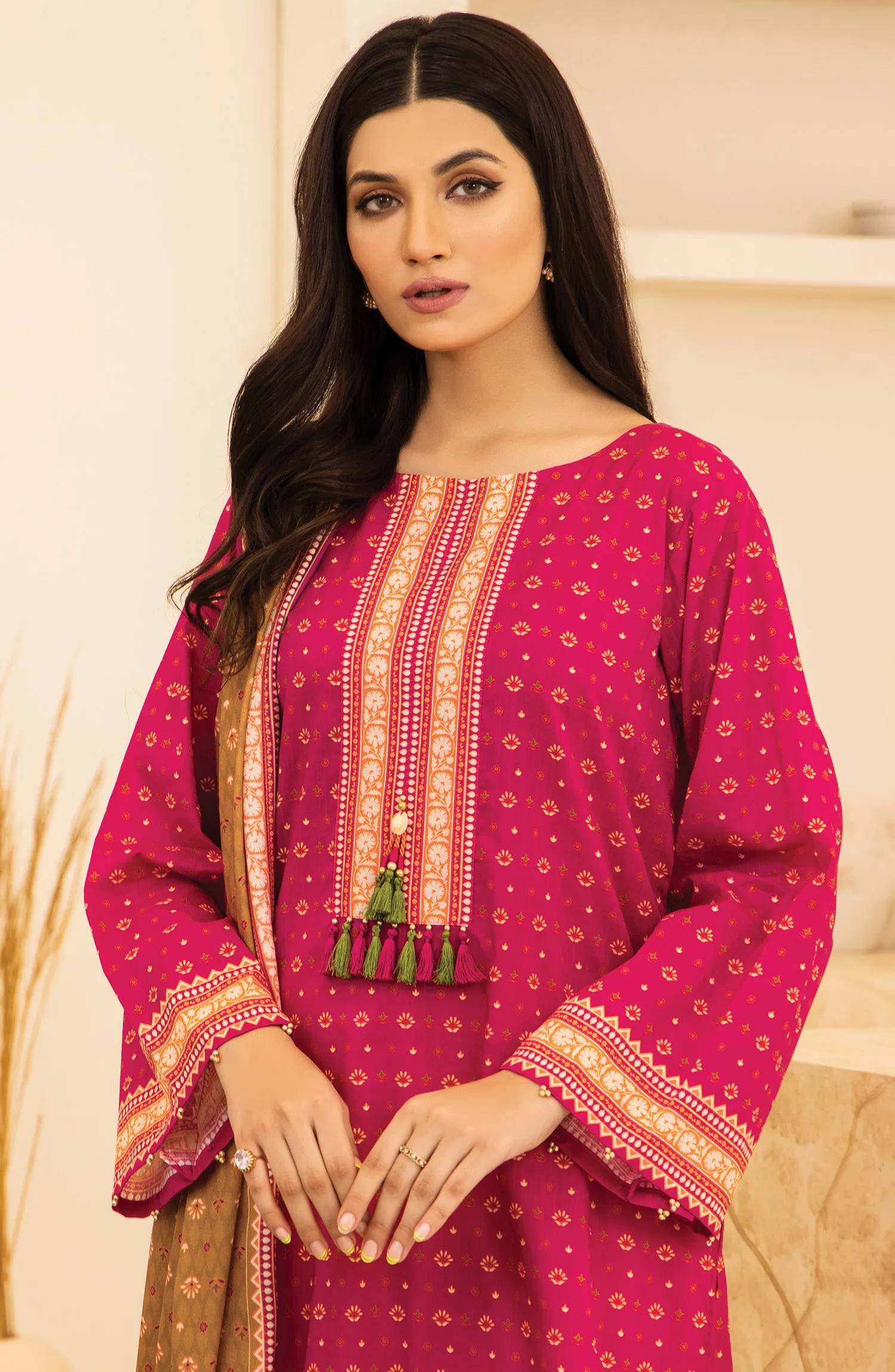 Unstitched 2 Piece Printed Khaddar Shirt and Acrylic Shawl Dupatta (NRDS-349/U PINK)