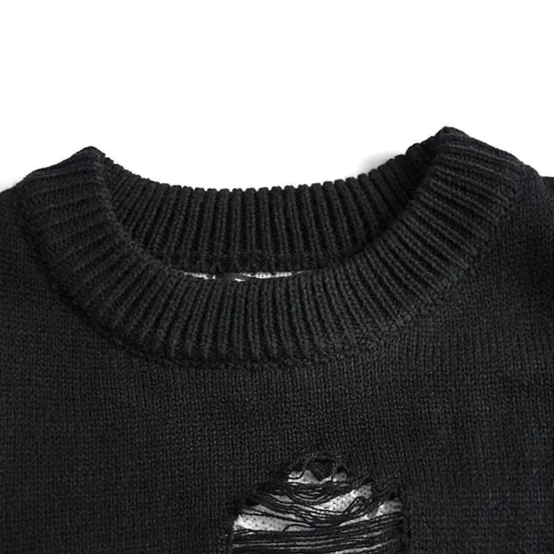 Vintage Beggar Hole Knitted Sweaters / Casual O-Neck Ripped Oversized Jumpers