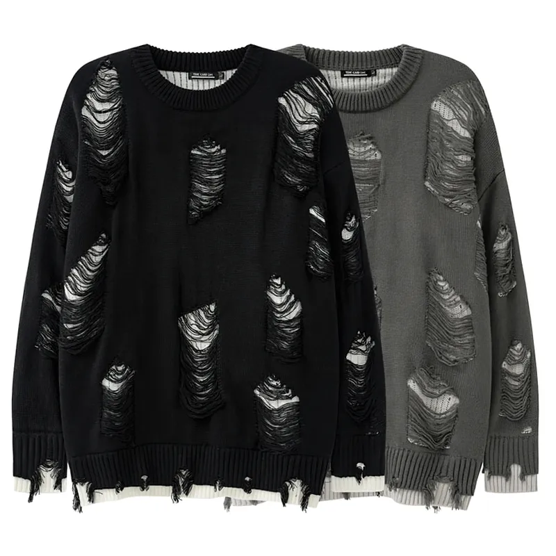 Vintage Beggar Hole Knitted Sweaters / Casual O-Neck Ripped Oversized Jumpers