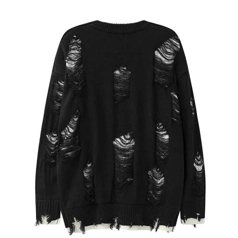 Vintage Beggar Hole Knitted Sweaters / Casual O-Neck Ripped Oversized Jumpers