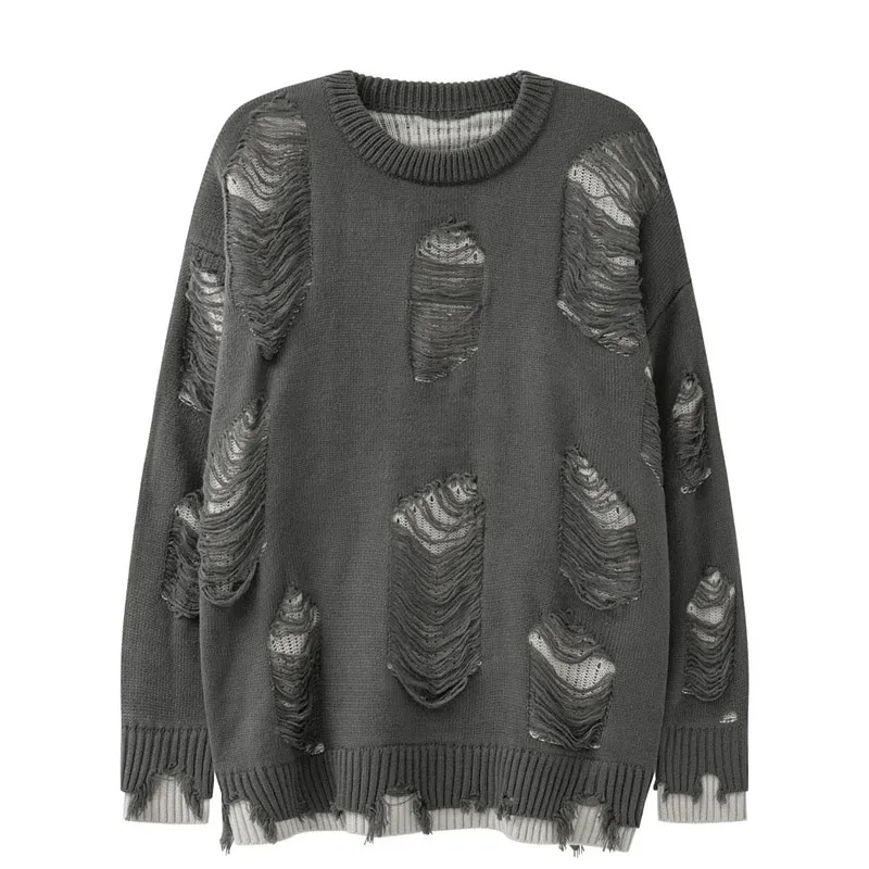 Vintage Beggar Hole Knitted Sweaters / Casual O-Neck Ripped Oversized Jumpers