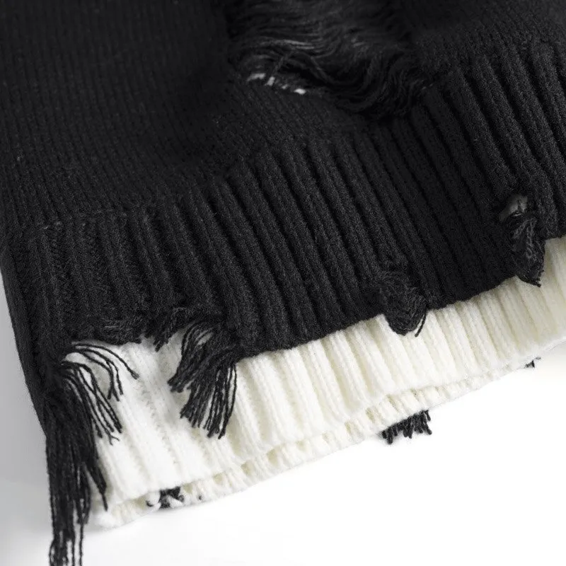 Vintage Beggar Hole Knitted Sweaters / Casual O-Neck Ripped Oversized Jumpers