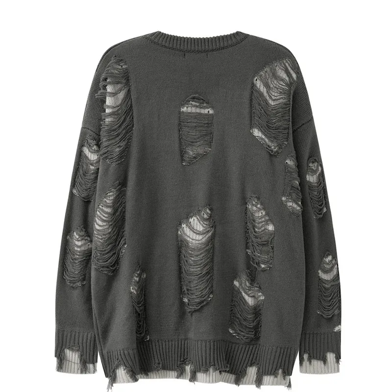 Vintage Beggar Hole Knitted Sweaters / Casual O-Neck Ripped Oversized Jumpers