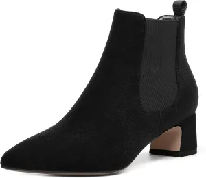 WAYDERNS Womens Suede Solid Dress Pointed Toe Bungee Evening Chunky Low Heel Ankle High Boots 2 Inch