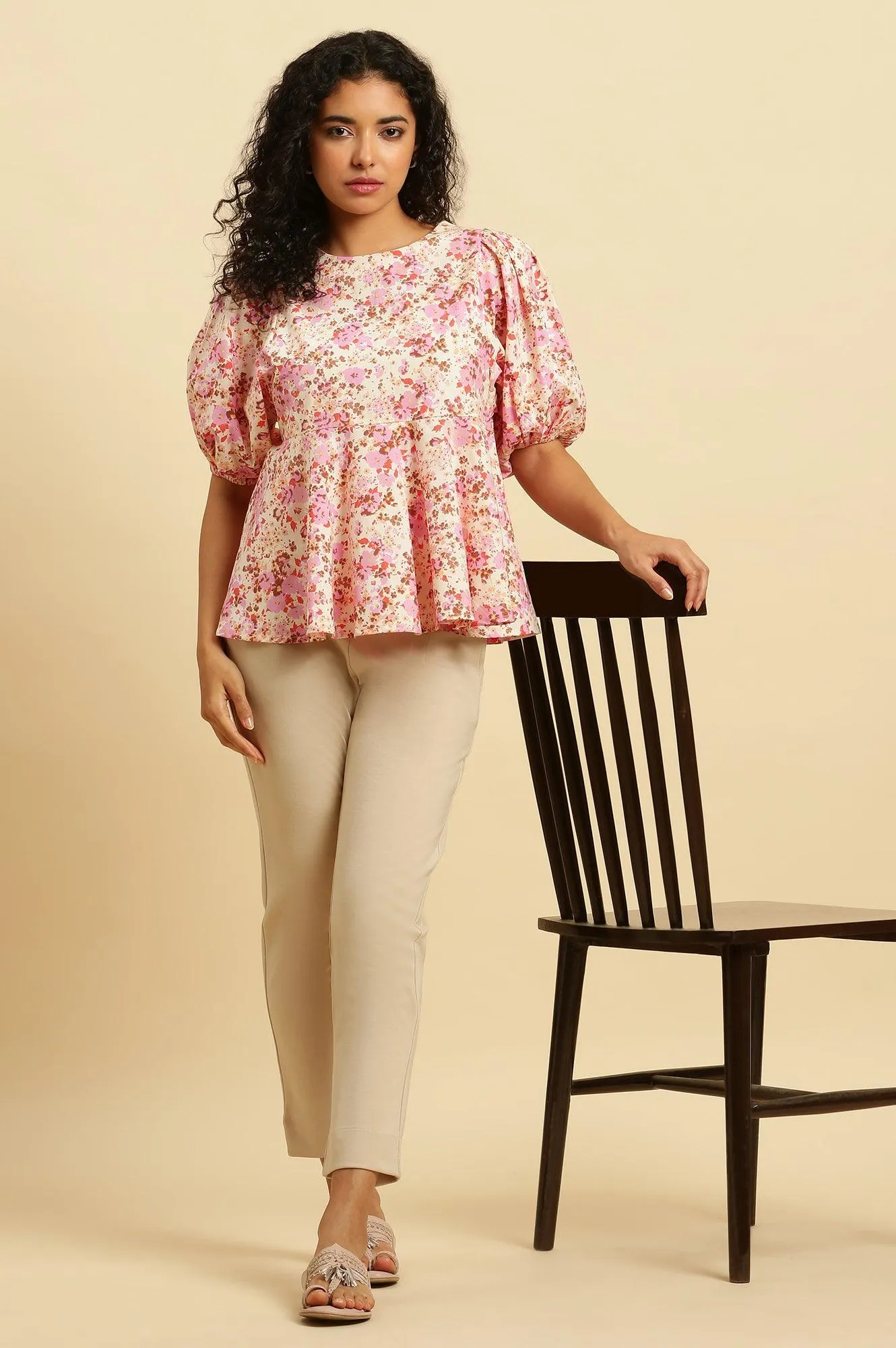 White And Pink Floral Printed Flared Top