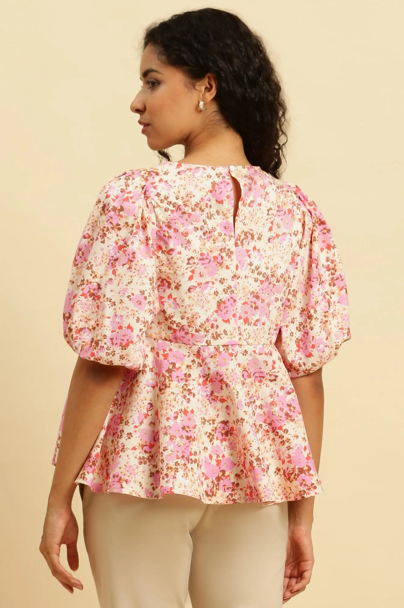 White And Pink Floral Printed Flared Top