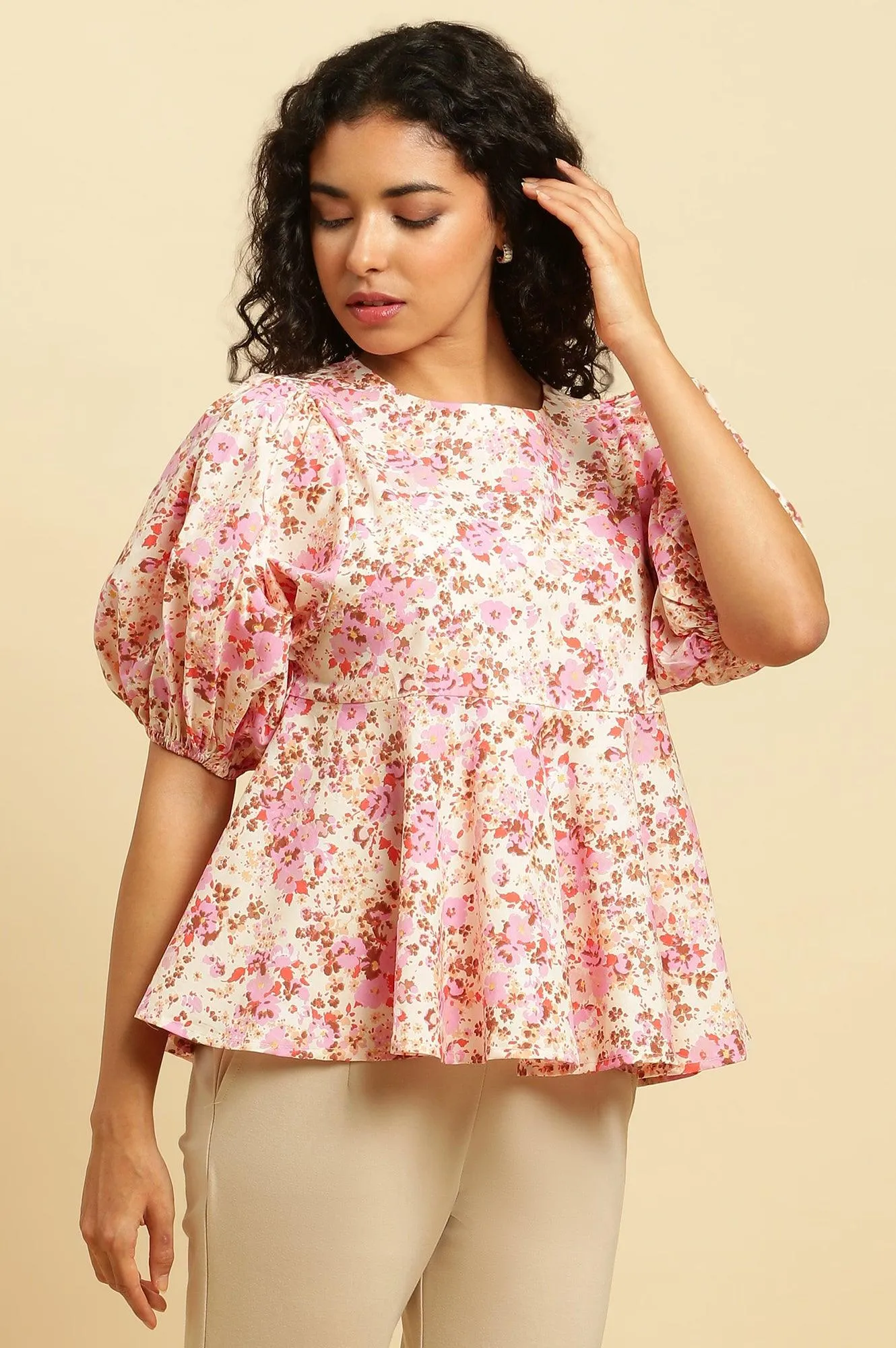 White And Pink Floral Printed Flared Top