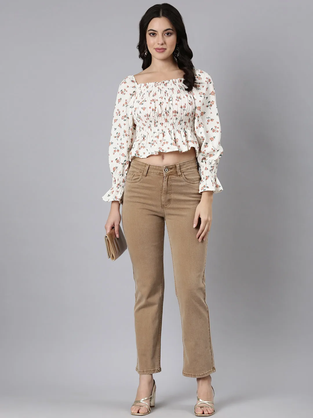 Women Floral Peplum Brown Crop Top