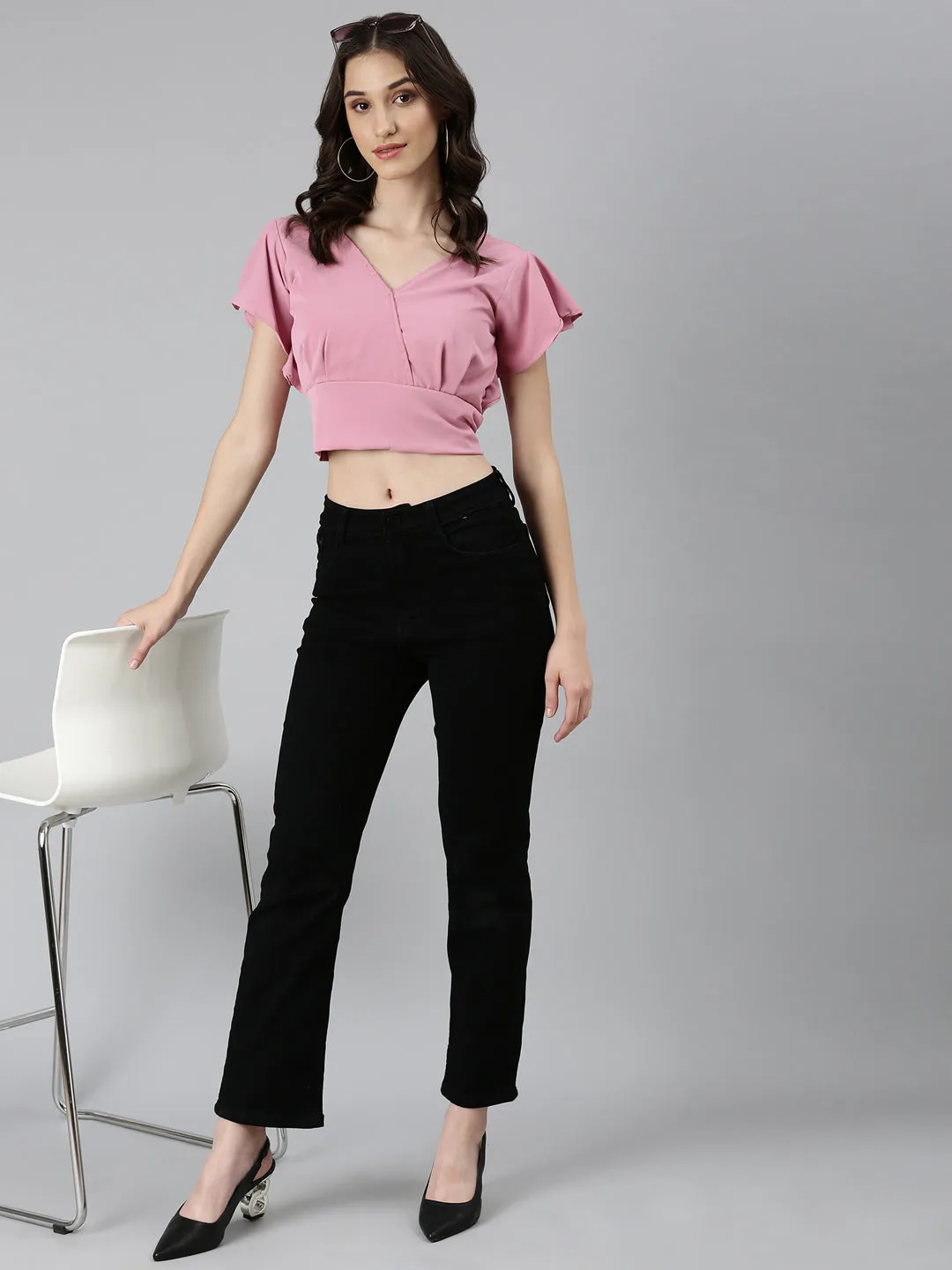 Women Pink Solid Styled Back Crop Top