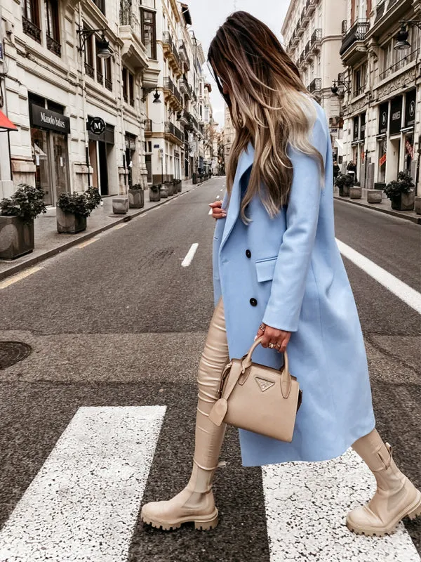 Women's Double Breasted Long Length Woolen Coat With Black Buttons