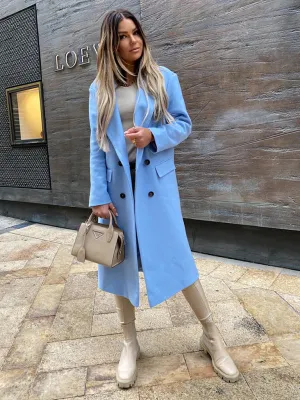 Women's Double Breasted Long Length Woolen Coat With Black Buttons