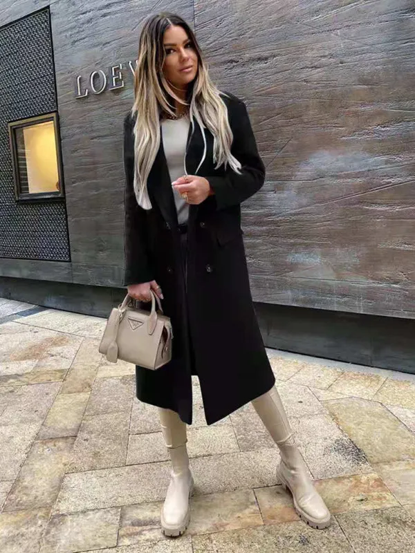 Women's Double Breasted Long Length Woolen Coat With Black Buttons