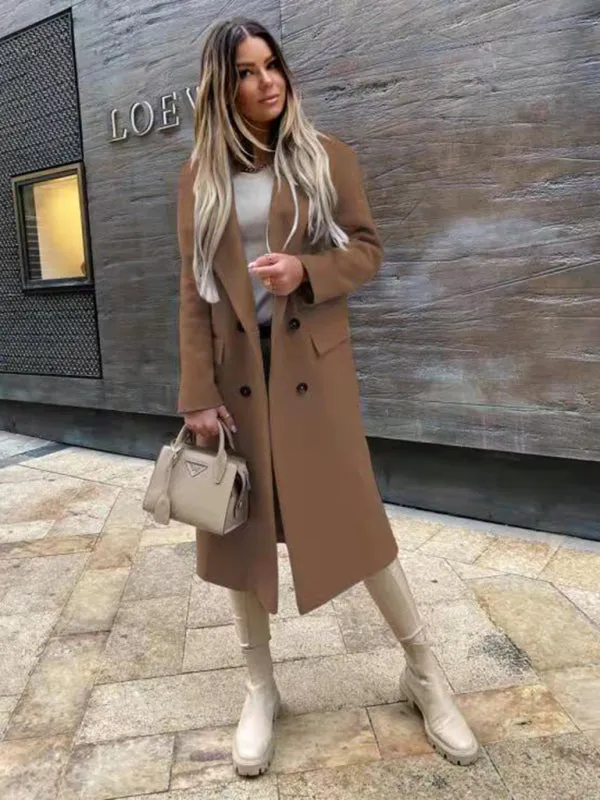 Women's Double Breasted Long Length Woolen Coat With Black Buttons