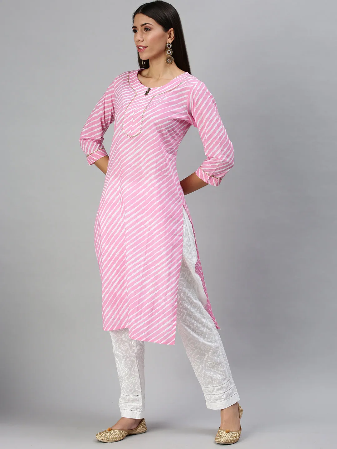 Women's Pink & White Striped Kurta Sets