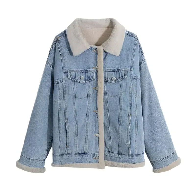 Women’s Winter Patchwork Padded Denim Jacket – Fur Plush Warm Jean Coat