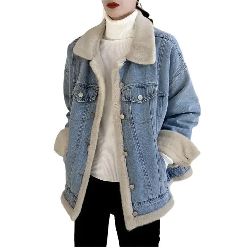Women’s Winter Patchwork Padded Denim Jacket – Fur Plush Warm Jean Coat