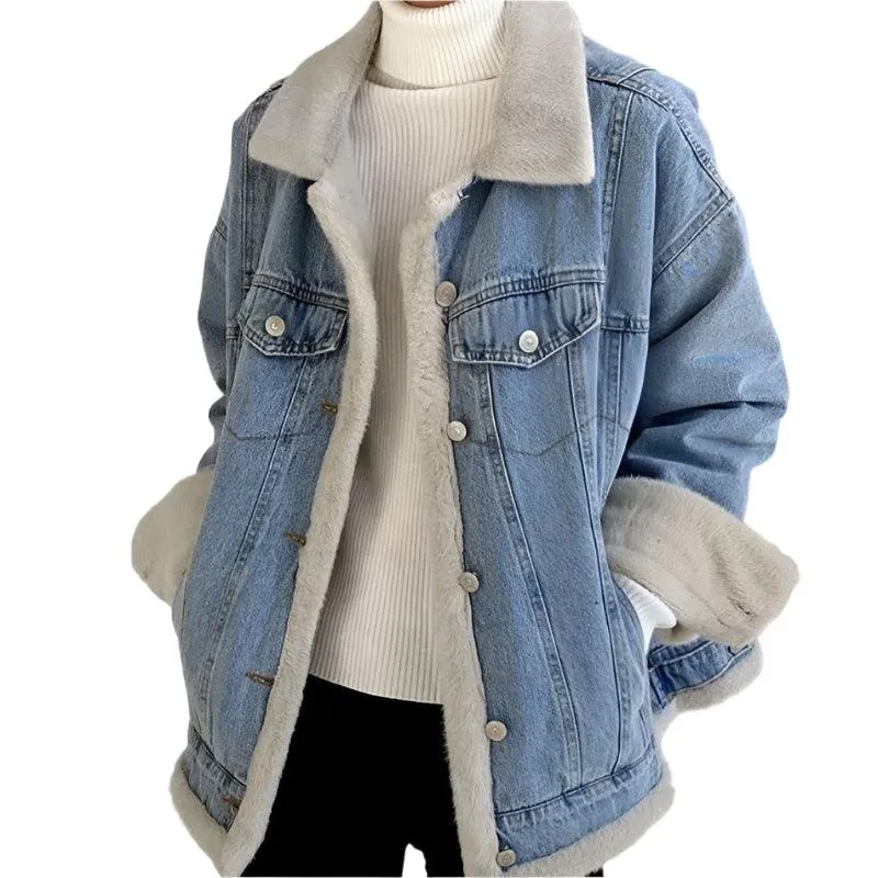 Women’s Winter Patchwork Padded Denim Jacket – Fur Plush Warm Jean Coat