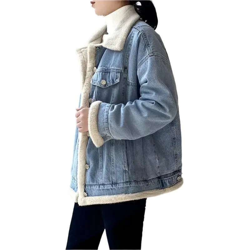 Women’s Winter Patchwork Padded Denim Jacket – Fur Plush Warm Jean Coat