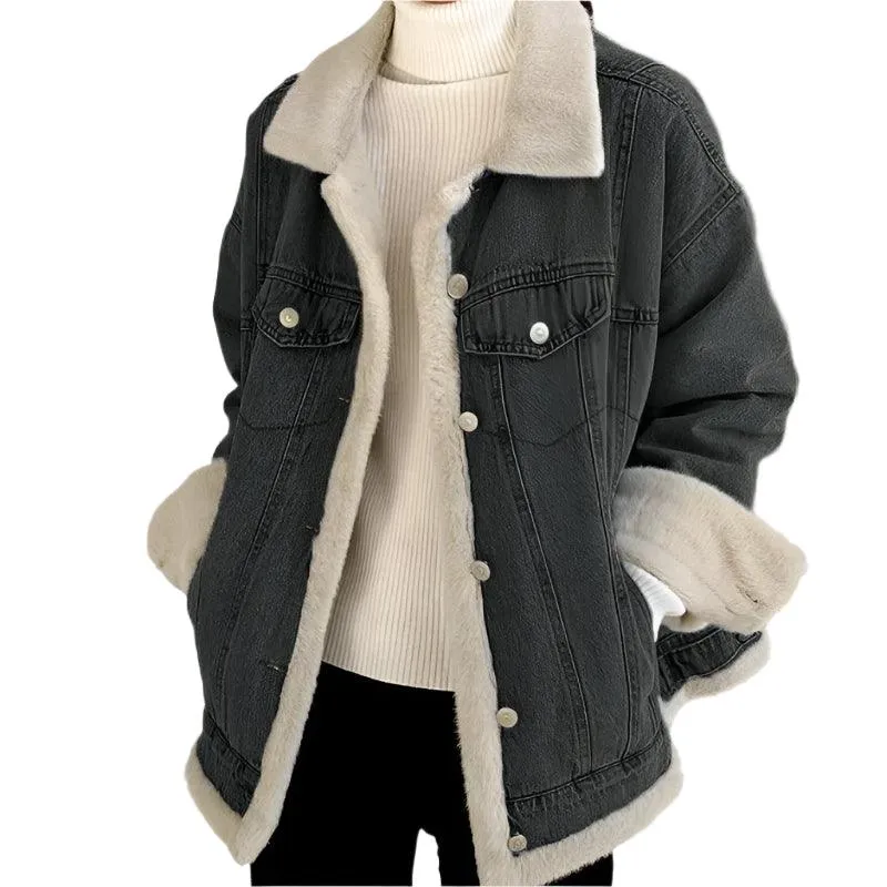 Women’s Winter Patchwork Padded Denim Jacket – Fur Plush Warm Jean Coat