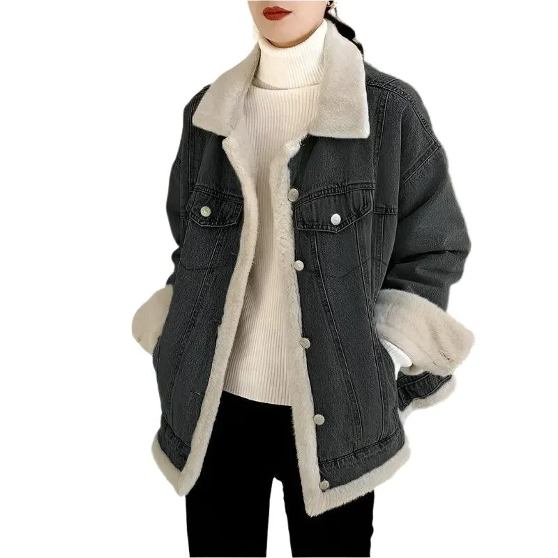 Women’s Winter Patchwork Padded Denim Jacket – Fur Plush Warm Jean Coat