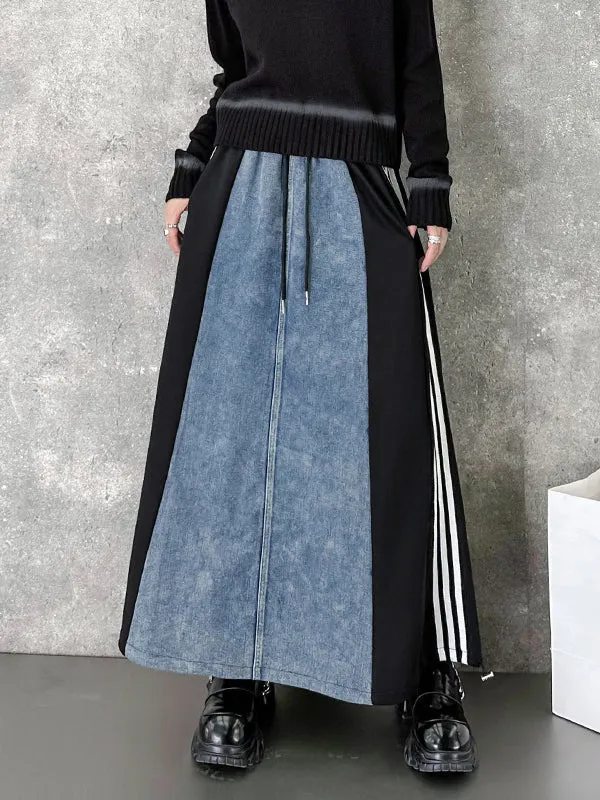 xakxx A-Line Loose Contrast Color Drawstring Split-Joint Striped Skirts Bottoms