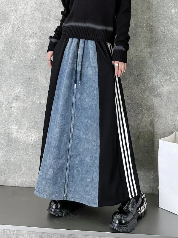 xakxx A-Line Loose Contrast Color Drawstring Split-Joint Striped Skirts Bottoms