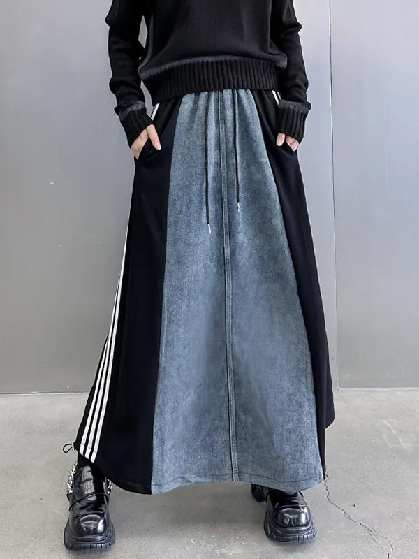 xakxx A-Line Loose Contrast Color Drawstring Split-Joint Striped Skirts Bottoms