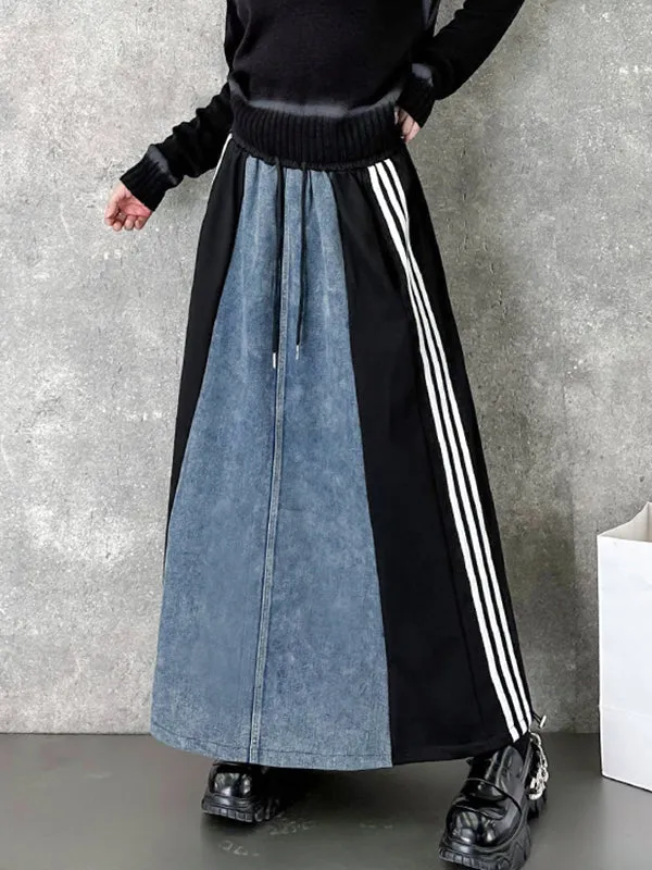 xakxx A-Line Loose Contrast Color Drawstring Split-Joint Striped Skirts Bottoms