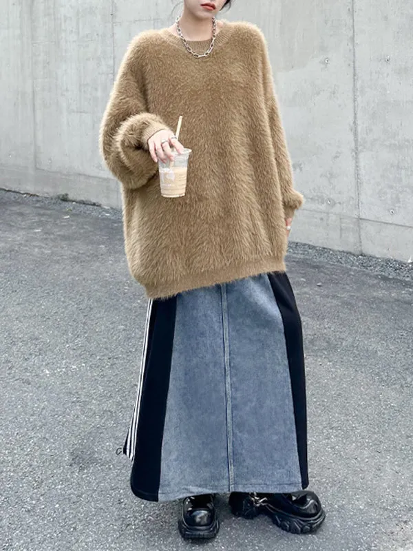 xakxx A-Line Loose Contrast Color Drawstring Split-Joint Striped Skirts Bottoms