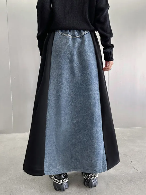xakxx A-Line Loose Contrast Color Drawstring Split-Joint Striped Skirts Bottoms