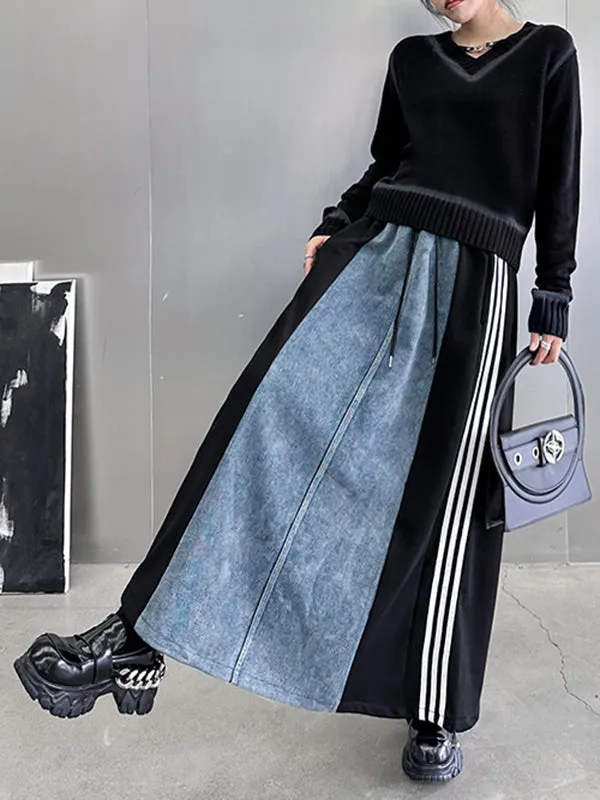 xakxx A-Line Loose Contrast Color Drawstring Split-Joint Striped Skirts Bottoms