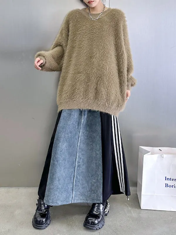 xakxx A-Line Loose Contrast Color Drawstring Split-Joint Striped Skirts Bottoms