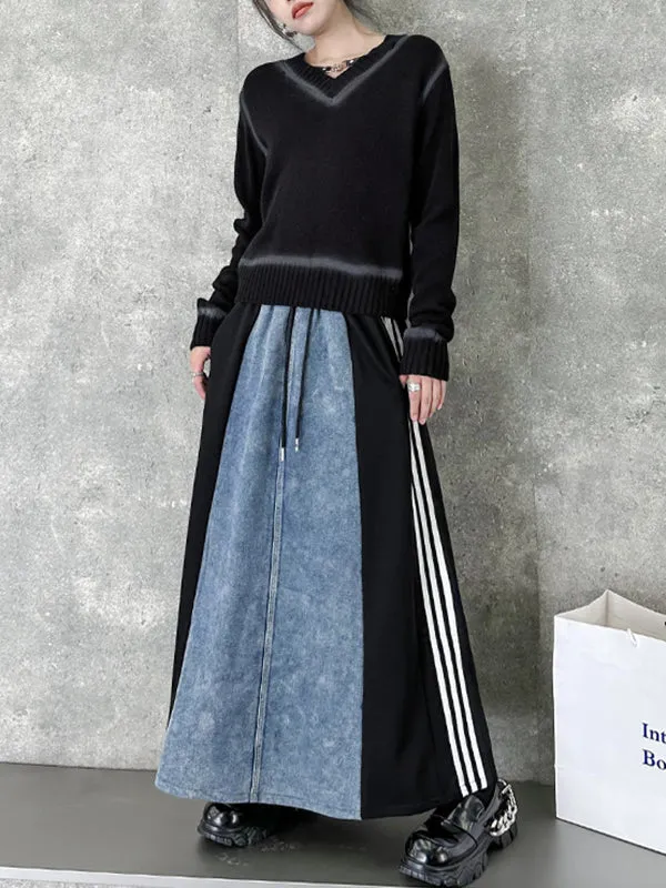 xakxx A-Line Loose Contrast Color Drawstring Split-Joint Striped Skirts Bottoms