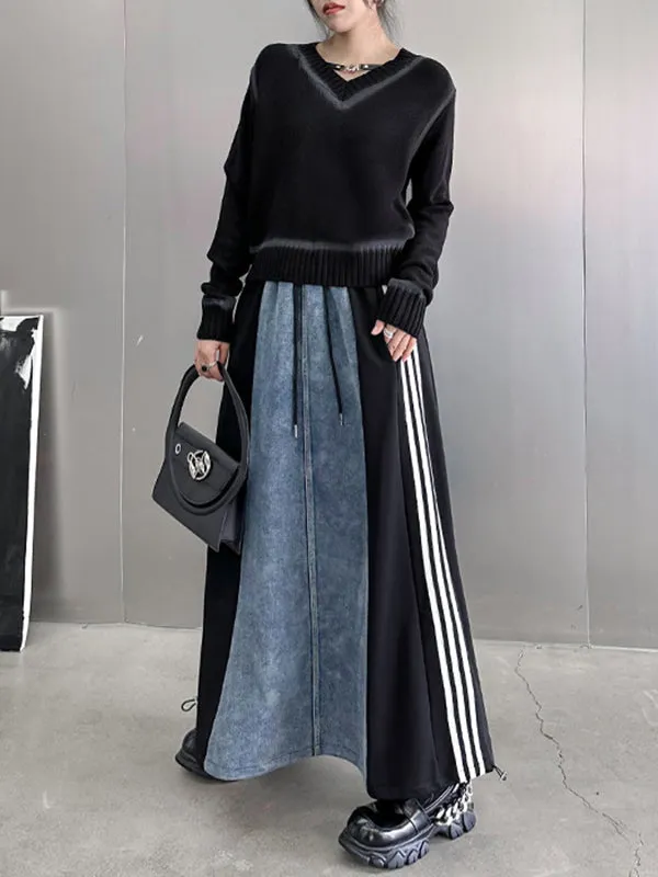 xakxx A-Line Loose Contrast Color Drawstring Split-Joint Striped Skirts Bottoms