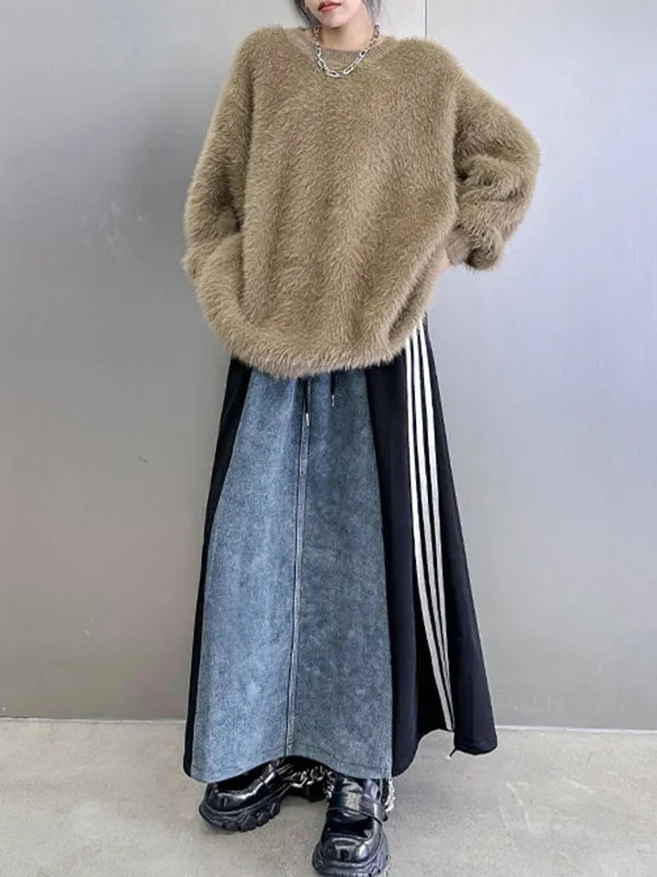 xakxx A-Line Loose Contrast Color Drawstring Split-Joint Striped Skirts Bottoms