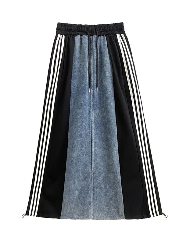 xakxx A-Line Loose Contrast Color Drawstring Split-Joint Striped Skirts Bottoms