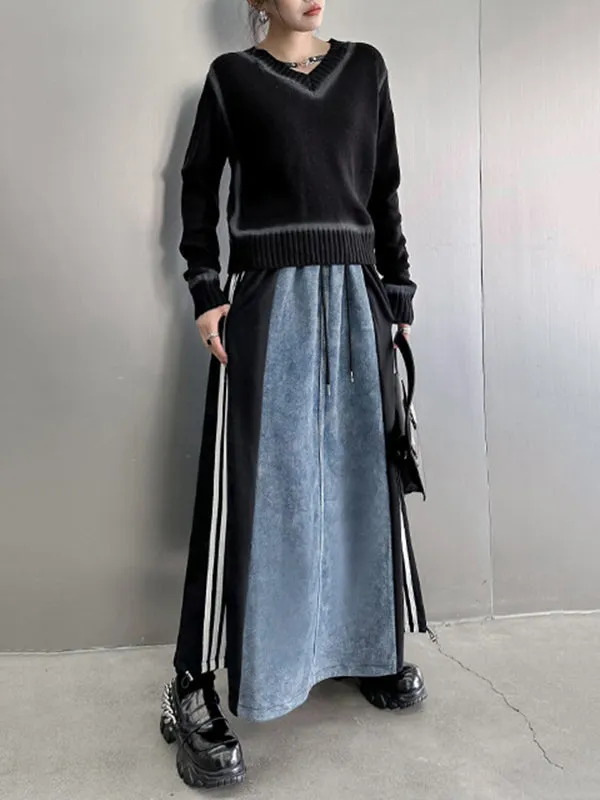 xakxx A-Line Loose Contrast Color Drawstring Split-Joint Striped Skirts Bottoms