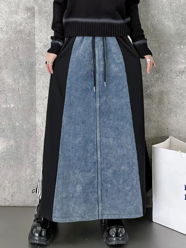 xakxx A-Line Loose Contrast Color Drawstring Split-Joint Striped Skirts Bottoms